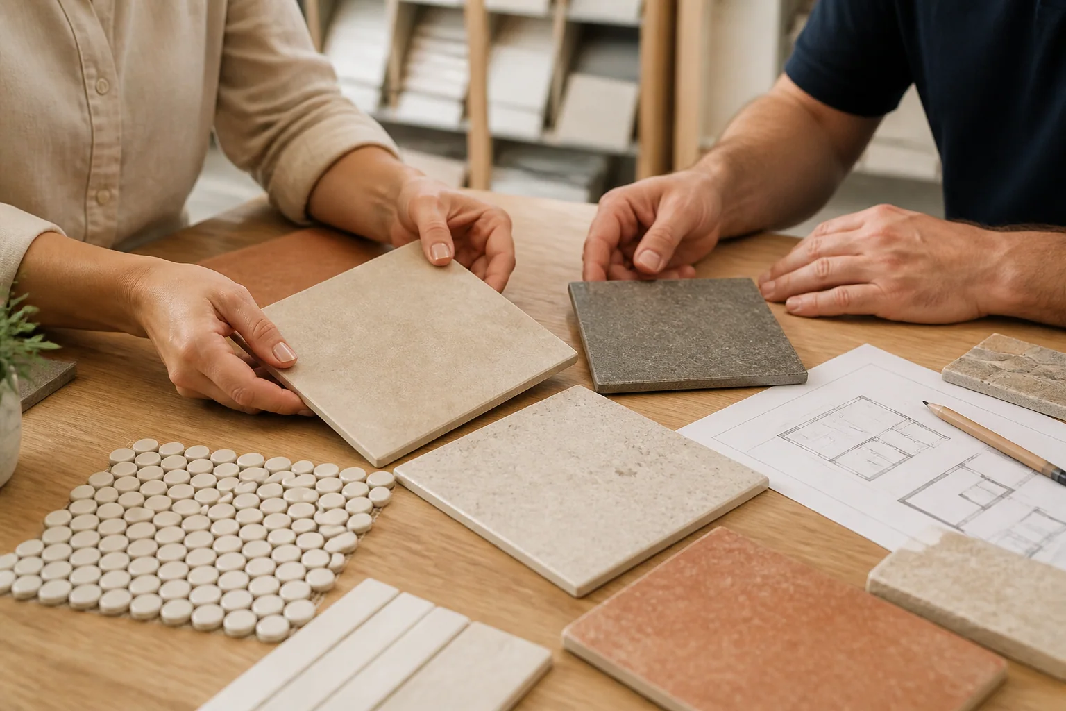 Homeowner comparing tile samples with a local tile specialist