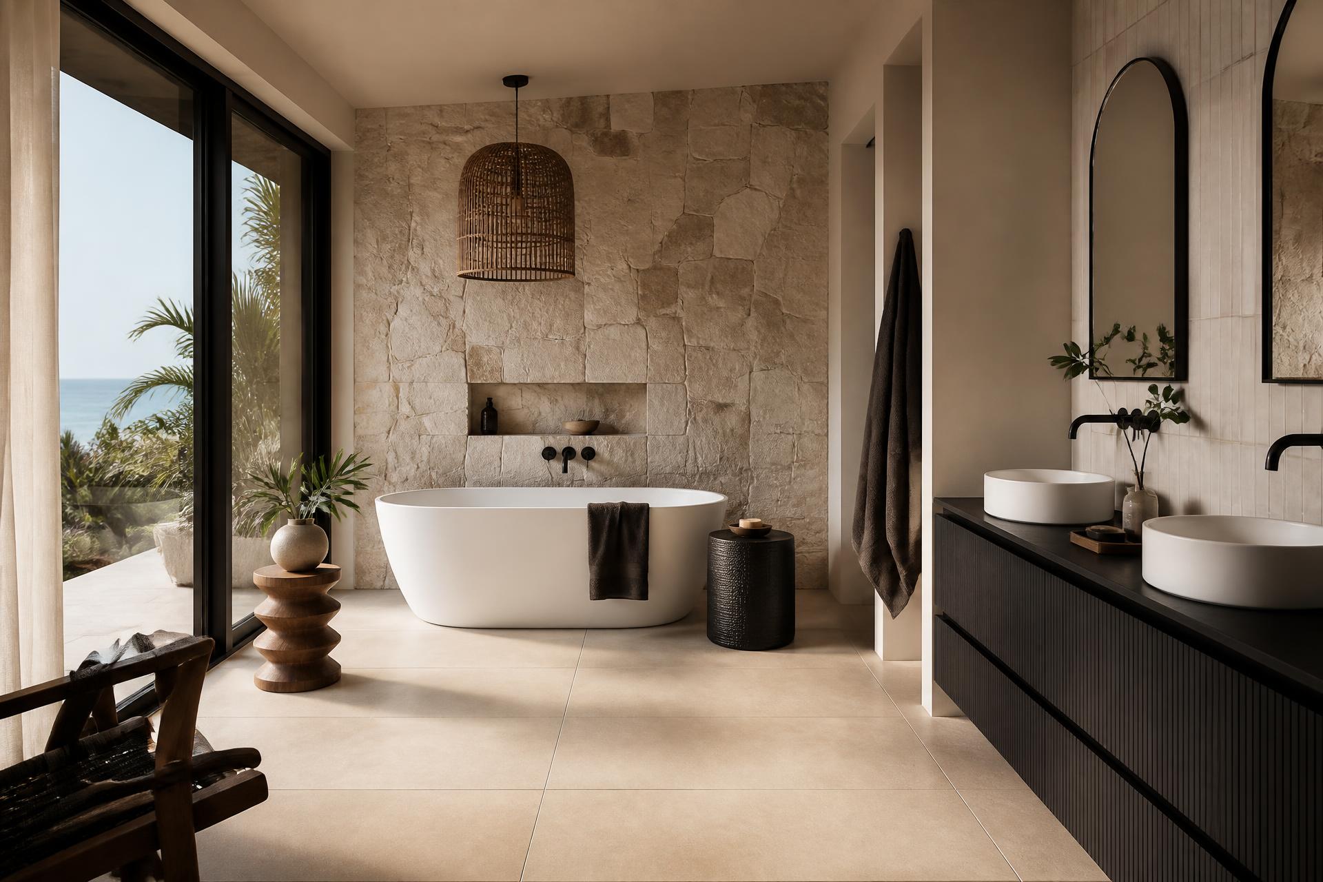 Coastal Queensland bathroom with natural stone and porcelain surfaces